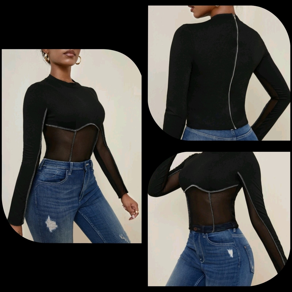 SHEIN Black Mesh Long Sleeve Bodysuit